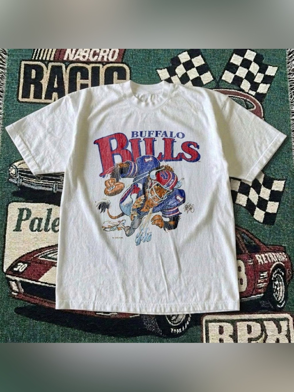 Vintage White Buffalo Bills Graphic Tee with Red & Blue Logo
